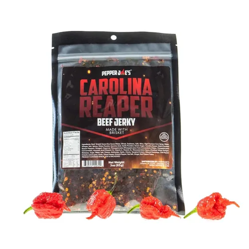 Vista 2 de Pepper Joe's Carolina Reaper Beef Jerky – Cecina de res picante peligrosamente deliciosa con pimienta más picante del mundo y cortes de pechuga