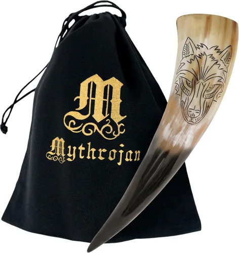 Vista 33 de Mythrojan Cuerno vikingo para beber 100% natural, auténtico, decoración de latón, cuerno nórdico con funda de cuero negro, bolsa de lona para vino