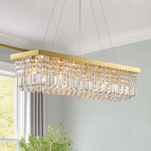 Vista 16 de 7PM Candelabro de cristal dorado moderno rectangular candelabros para comedor, lámpara colgante rectangular para isla de cocina y dormitorio, 31.5