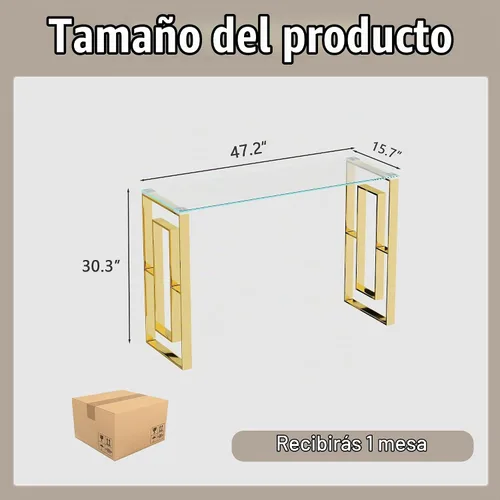 Vista 2 de Mesa consola de cristal, moderna mesa de entrada de 47.2 pulgadas, parte superior de vidrio con base de acero inoxidable, mesa de sofá estrecha