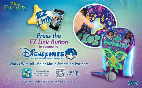 Vista 4 de eKids Disney Encanto - Máquina de karaoke con altavoz Bluetooth con micrófono para niños, con puerto USB para reproducir música, fácil acceso a