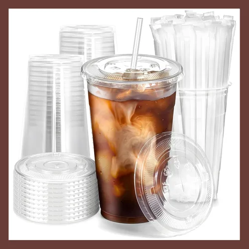 Vista 11 de Plastic Clear Cups [12 oz] with Lids and Straws [10 Set] Disposable Cold Beverage Drinking Iced Coffee Water Juice Tea Party Travel Cafe School