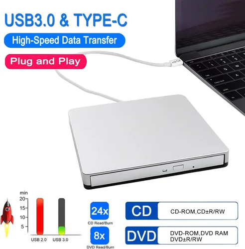 Vista 2 de Unidad externa de CD DVD tipo C USB 3.0 portátil CD DVD Burner/Writer Unidad de disco óptico lector para MacBook Pro Air iMac Laptop PC