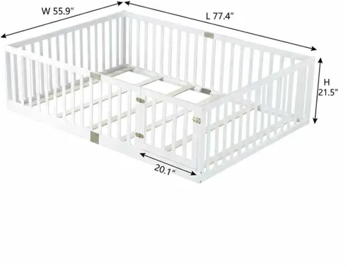 Vista 2 de Cama Montessori de madera tamaño matrimonial con valla de alta Blanco (White F)
