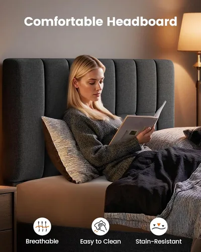 Vista 8 de Pipishell Base de cama tapizada de tamaño matrimonial con cabecera ajustable de 3 alturas, base de colchón totalmente tapizada, fuerte capacidad