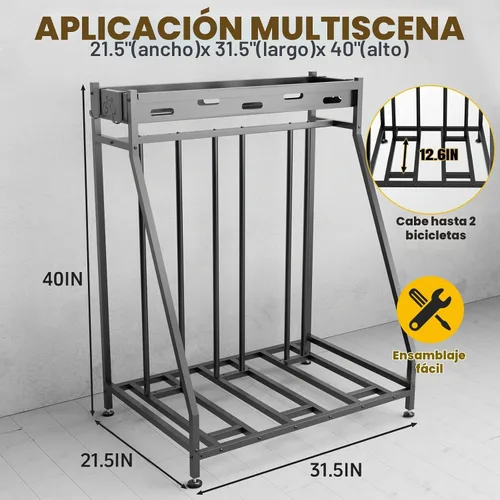 Vista 5 de Soporte de 3 bicicletas estable para bicicletas, garaje con cestas de almacenamiento para interiores, estante de almacenamiento de bicicletas