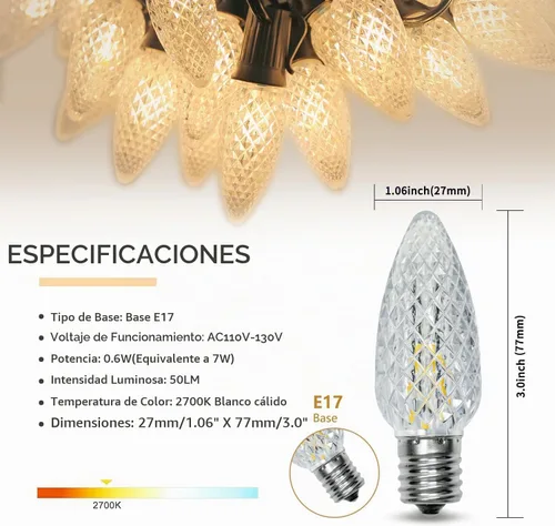 Vista 2 de Paquete de 50 luces LED C9 de Navidad, inastillables, impermeables, cálidas, 2700 K, plástico Cálido paquete de 50