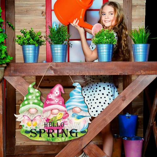 Vista 7 de Kathfly Letrero de madera con texto en inglés «Hello Spring» para puerta delantera, gnomo, tulipán, colgante de pared, corona de primavera, letrero