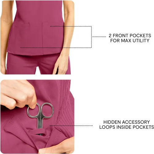 Vista 6 de Olive & Co. Camisas médicas para mujer, color rojo vino, moderno, ajustado, con cuello en V