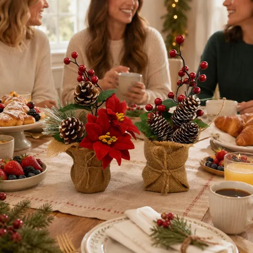 Vista 4 de BANBERRY DESIGNS Juego de 2 centros de mesa navideños para mesas, arreglos de mesa navideños con piñas, bayas rojas y vegetación, plantas rústicas