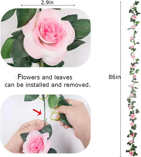 Vista 4 de LESING Guirnalda de rosas artificiales, 4 unidades (28.8 pies), guirnalda de flores de seda falsa con plantas verdes, guirnaldas de flores colgantes