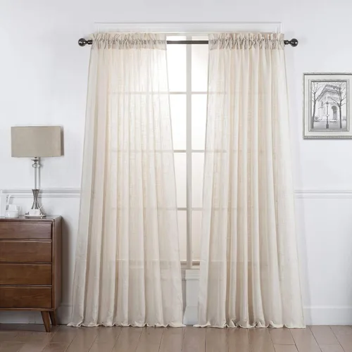 Vista 5 de 2 piezas de cortinas de aspecto de lino sólido y elegante, paneles totalmente cosidos, niveles de tratamiento de ventanas
