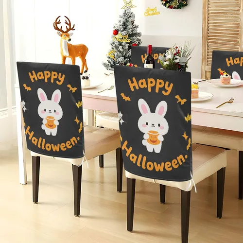 Vista 4 de Juego de 6 fundas decorativas para sillas de comedor con diseño de conejo de dibujos animados de Feliz Halloween, para reuniones familiares, fundas