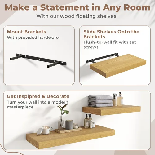 Vista 5 de Juego de 2 estantes flotantes de 16 pulgadas para pared, estantes de baño de grano de madera de 12 pulgadas de profundidad con soportes invisibles