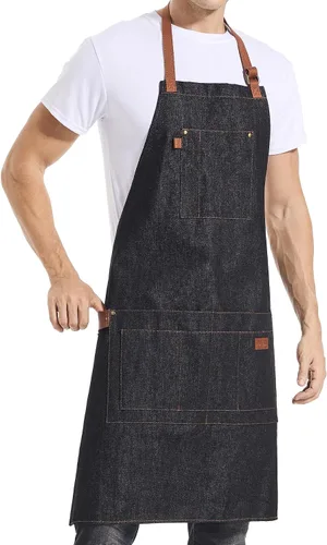 Vista 8 de Delantal de mezclilla con bolsillos, delantal alto con pechera grande con lazos largos ajustables, regalos para hombres y mujeres