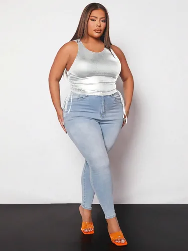 Vista 6 de Floerns Camiseta corta sin mangas con cordón para mujer, talla grande, metálica
