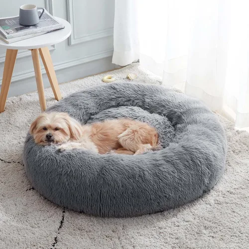 Vista 18 de Cama calmante para perros y gatos, cama antiansiedad, de felpa, con forma de dona, redonda, acolchada, de piel sintética, suave y esponjosa