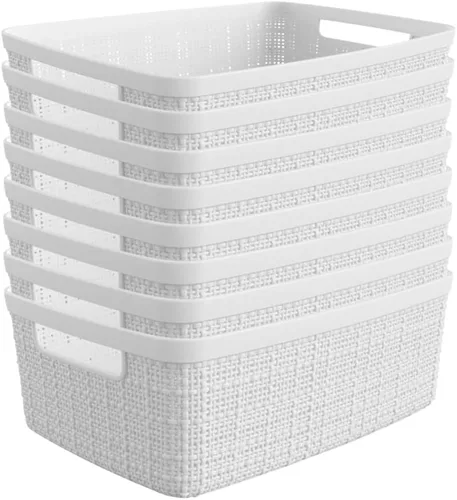 Vista 13 de Curver Juego de 6 cestas decorativas de plástico de yute mediano de 12 litros, para organización y almacenamiento, contenedores perfectos para Negro
