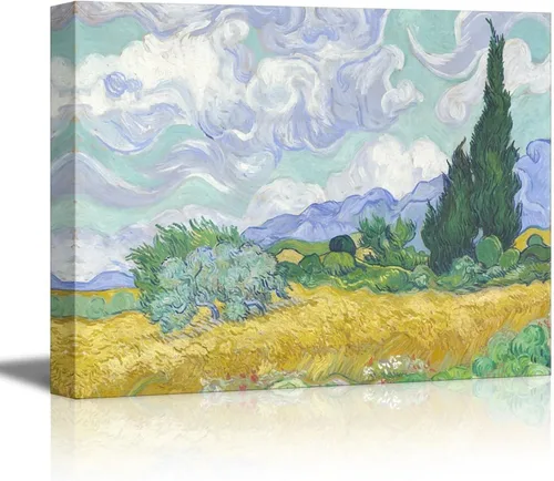Vista 35 de Van Gogh - Lienzo con diseño giclée de olivos con cielo amarillo y sol, arte de pared de galería, estirado y enmarcado, listo para colgar, 24 x 36