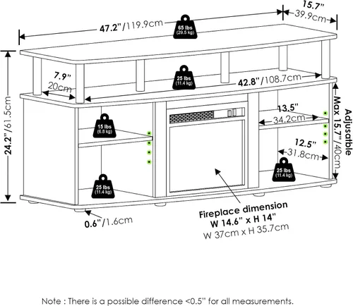 Vista 2 de Furinno Jensen - Soporte de TV con chimenea, centro de entretenimiento, consola de TV para televisores de hasta 55 pulgadas con chimenea y estantes