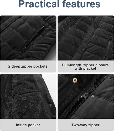Vista 7 de Chrisuno Abrigo de invierno cálido para mujer, chaqueta acolchada de terciopelo con capucha de piel sintética acolchada