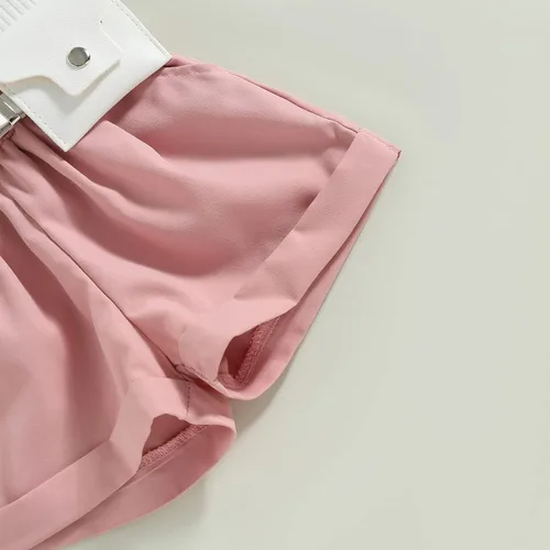 Vista 7 de Conjunto de ropa de verano para niña pequeña, con volantes, sin mangas, acanalada, pantalones cortos de cintura elástica con cinturón, ropa de moda