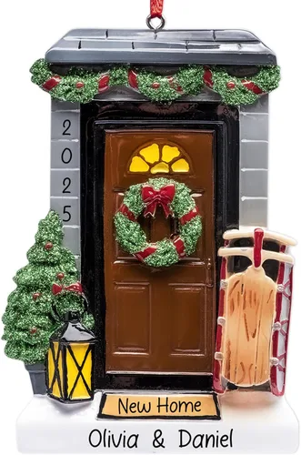 Vista 8 de Adorno de Navidad personalizado para el nuevo hogar 2026 Puerta negra con cinta de purpurina recuerdo único para el árbol de Navidad – Primer año