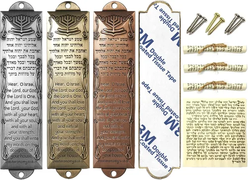Vista 9 de Mezuzá con pergamino para puerta, estuches de bendición de mezuzá autoadhesivos de metal, placa de latón con escritura de bendición en inglés