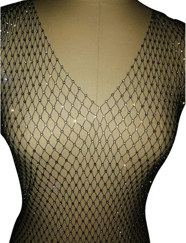Vista 6 de FlyCC Vestido de playa sexy de malla transparente para mujer, sin mangas, con diamantes de imitación