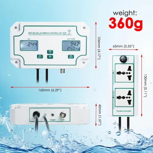 Vista 5 de Monitor inteligente 3 en 1 de pH, EC y temperatura de calidad del agua con control de aplicaciones: probador continuo en línea para hidroponía