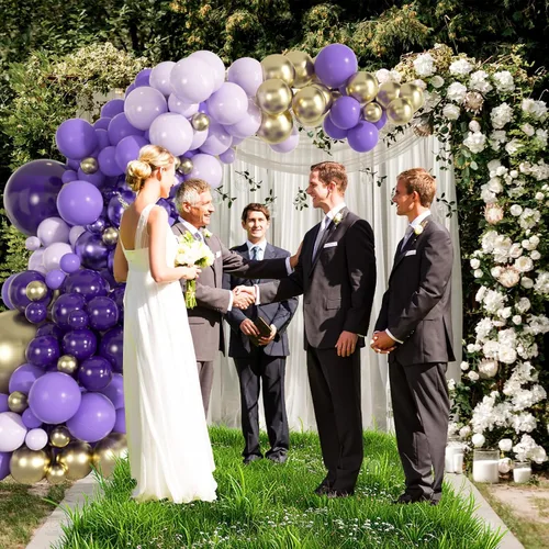 Vista 3 de Kit de arco de guirnalda de globos morados y dorados de 163 piezas - Globos morados oscuros, lavanda lila, globos dorados metálicos para bodas, baby