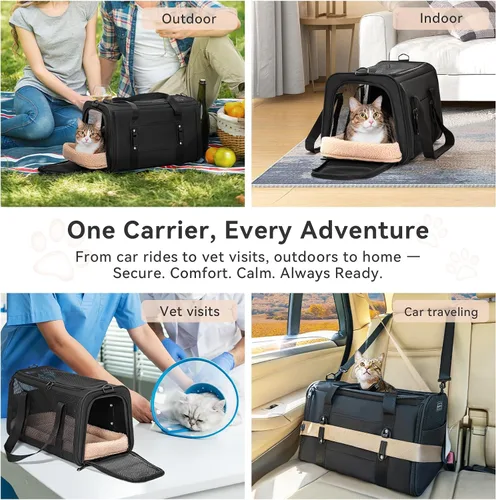 Vista 9 de PETSFIT Transportador de gatos de lados suaves con hebillas de seguridad patentadas, cremalleras bloqueables y correa de seguridad, transportador