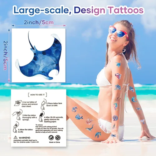 Vista 5 de 80 piezas de tatuajes temporales envueltos individualmente de animales marinos del océano para adolescentes, recuerdos de fiesta de cumpleaños