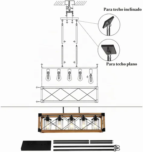 Vista 8 de Lámparas colgantes rústicas de casa de campo, candelabros para comedor y cocina, accesorios de luz de isla de 5 luces, candelabro de madera sobre