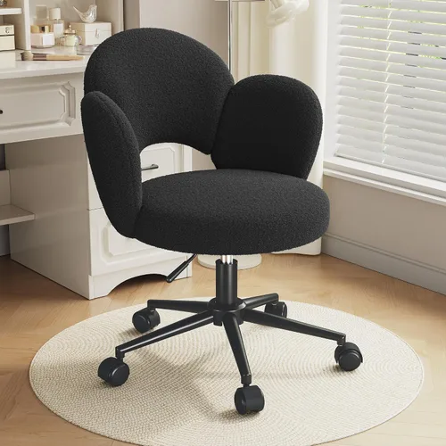 Vista 8 de Homkdom - Silla de escritorio con ruedas, 3.94 pulgadas de grosor, cómoda silla de tocador de pétalos, silla giratoria sin brazos con respaldo