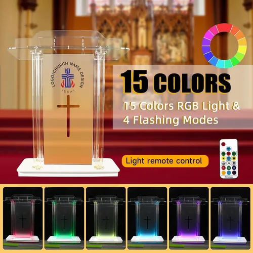 Vista 2 de Púlpito de iglesia personalizado con 15 colores ajustables y 4 modelos intermitentes, podio acrílico transparente de 46 pulgadas con ruedas
