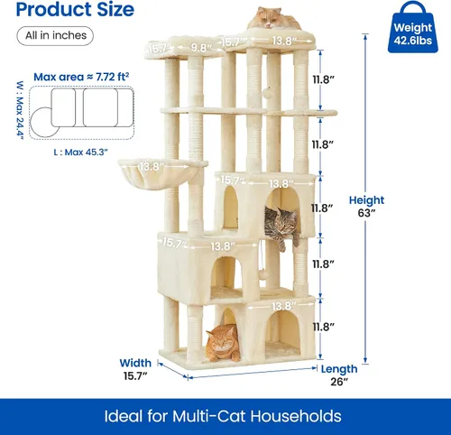 Vista 6 de MWPO Árbol grande para gatos de interior, torre de gatos de 63 pulgadas con 3 condominios para gatos, postes rascadores, pedestales acolchados, Beige