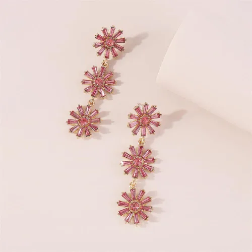 Vista 4 de Aretes largos de cristal con diseño de girasol para mujeres y niñas, chapados en oro, diamantes de imitación coloridos blancos y azul fucsia, piedra
