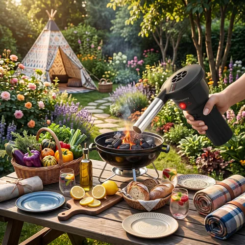 Vista 7 de AYNEFY Soplador de aire para barbacoa, ventilador de barbacoa portátil alimentado por batería, ventilador eléctrico de arranque de carbón eléctrico