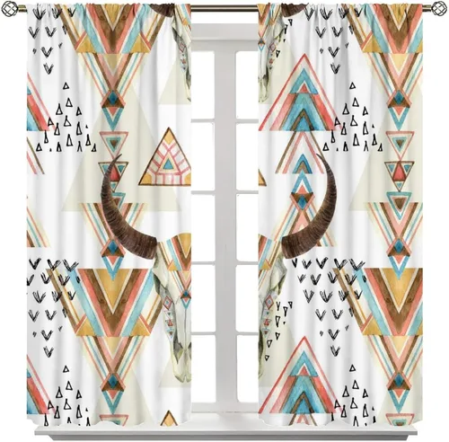 Vista 332 de Cortinas con patrón geométrico tribal, estilo suroeste, azteca, rústico, occidental, nativo americano, opacas, con bolsillo para barra, decoración