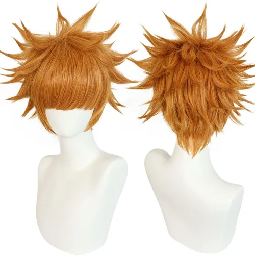 Vista 3 de Kunigami Rensuke - Peluca para cosplay con bloqueo azul, peluca corta y rizada naranja para hombres y niños, peluca sintética para anime