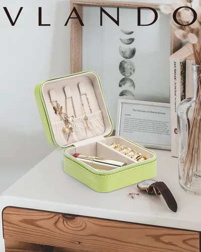 Vista 2 de Vlando Pequeño organizador de joyero de viaje Anillo de regalo para mujer, aretes, collares, vitrina de almacenamiento para niñas, color verde