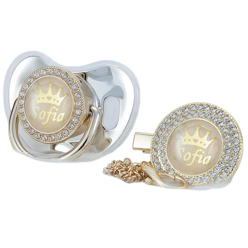 Vista 8 de Juego de Chupete y Clip Personalizado con Cualquier Nombre, Bling Oro Plata, 18 Colores, Libre de BPA, Diseño Único Lujoso, Chupete Ideal para Bebé