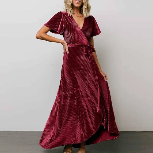 Vista 4 de Vestido de fiesta de terciopelo acanalado para mujer, cuello en V, manga corta, lazo en la cintura, fiesta de noche, longitud al suelo, vestido