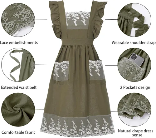 Vista 6 de Aoomzoon Delantales vintage para mujer con bolsillos, lindo delantal ajustable de encaje con volantes para cocinar, cocina, hornear, jardinería