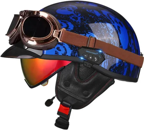 Vista 15 de Casco de cara abierta con Bluetooth para hombres y mujeres, casco retro de estilo alemán con diseño de calavera, visera con gafas, casco de media