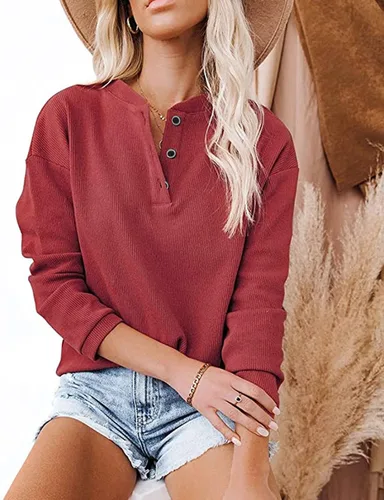 Vista 6 de Camisetas para mujer, de moda, elegantes, casuales, de manga larga, con cuello de botón, suaves y cómodas, tipo túnica