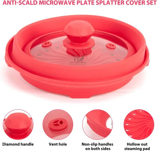 Vista 2 de Funda de silicona plegable para microondas, tapa de salpicaduras multifunción ventilada con plato de vidrio para cocinar alimentos y tocino, apto