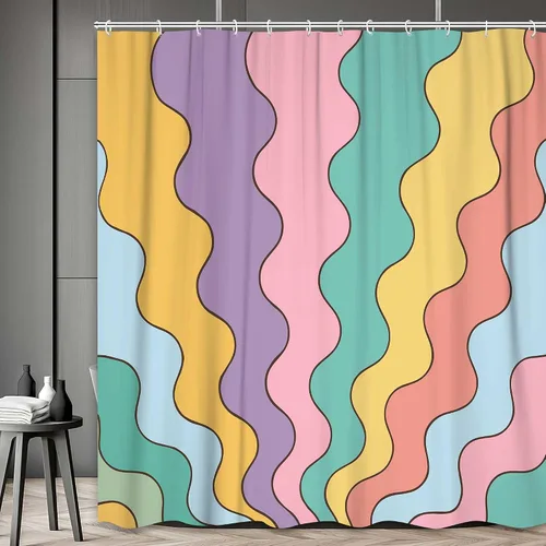 Vista 3 de Neutral Muted Earth Tone Wavy Shower Curtain Mid Century Modern Sage Taupe Blush Abstract Boho Bathroom Curtain Set with Hooks 36x72 Inch