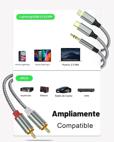 Vista 2 de Adaptador de Audio Auxiliar de Cable Lightning a RCA, Cable RCA a 3.5mm, Cable de Audio USB C a 2 RCA, (Cable de Audio 3 en 1) para Amplificador